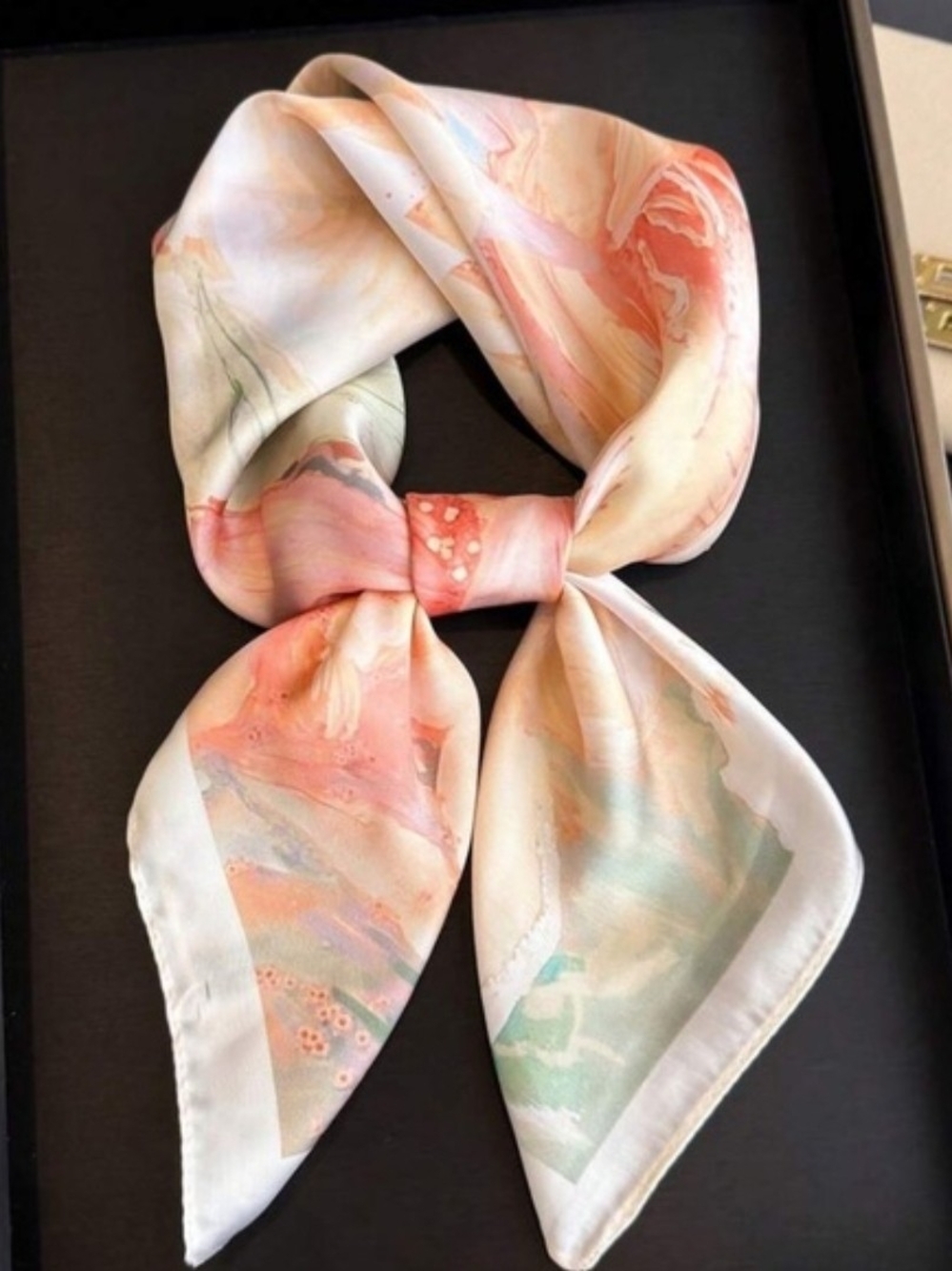 Silk Pastel Floral Print Scarf Peachy Pink Cream and Soft Green Botanical